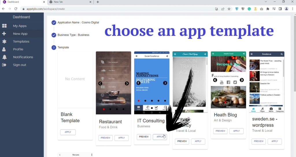 choose app template drawer navigation