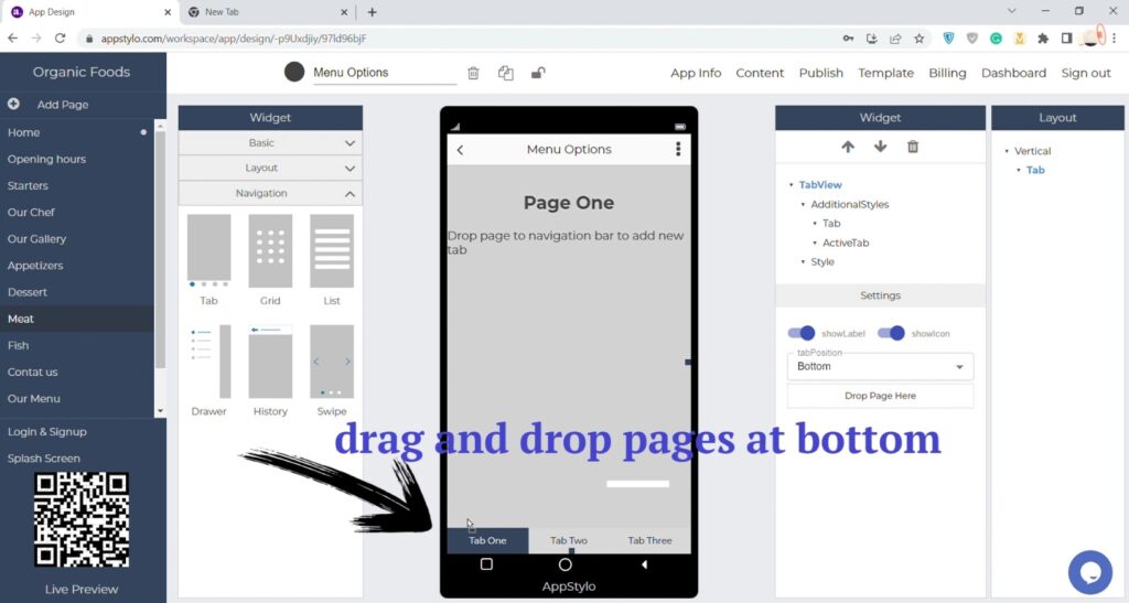 drag and drop pages at bottom