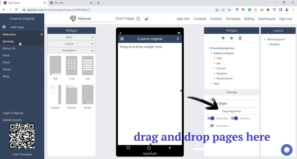 drag and drop pages drawer nav